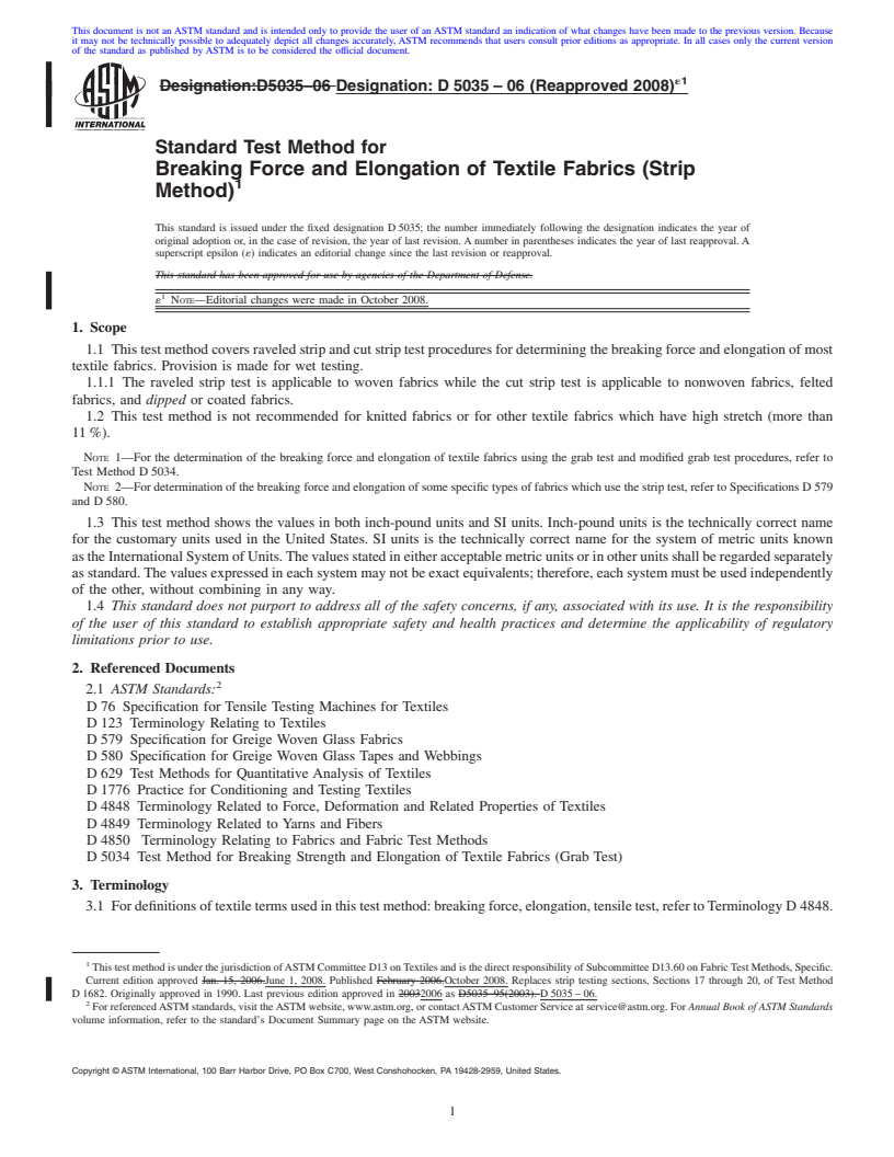 REDLINE ASTM D5035-06(2008)e1 - Standard Test Method for Breaking Force and Elongation of Textile Fabrics (Strip Method)