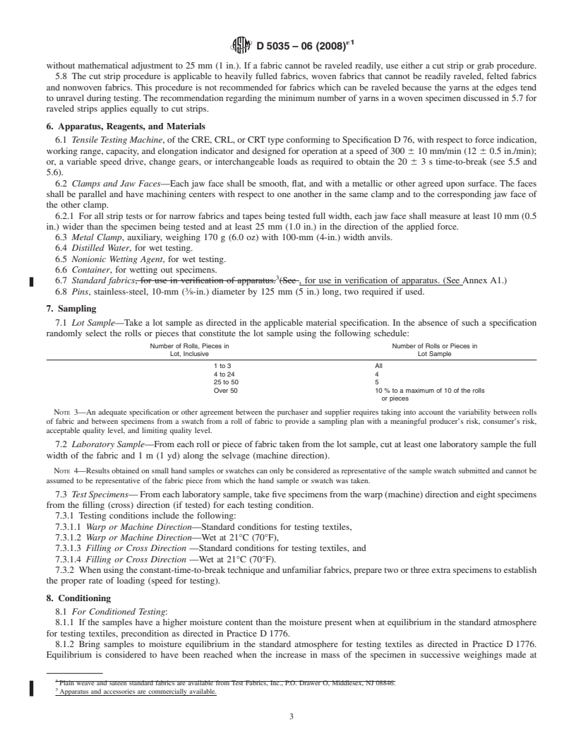 REDLINE ASTM D5035-06(2008)e1 - Standard Test Method for Breaking Force and Elongation of Textile Fabrics (Strip Method)