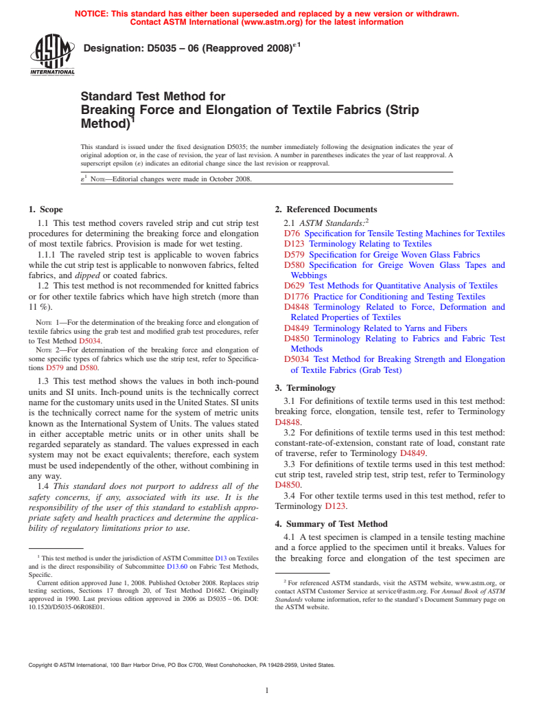 ASTM D5035-06(2008)e1 - Standard Test Method for Breaking Force and Elongation of Textile Fabrics (Strip Method)