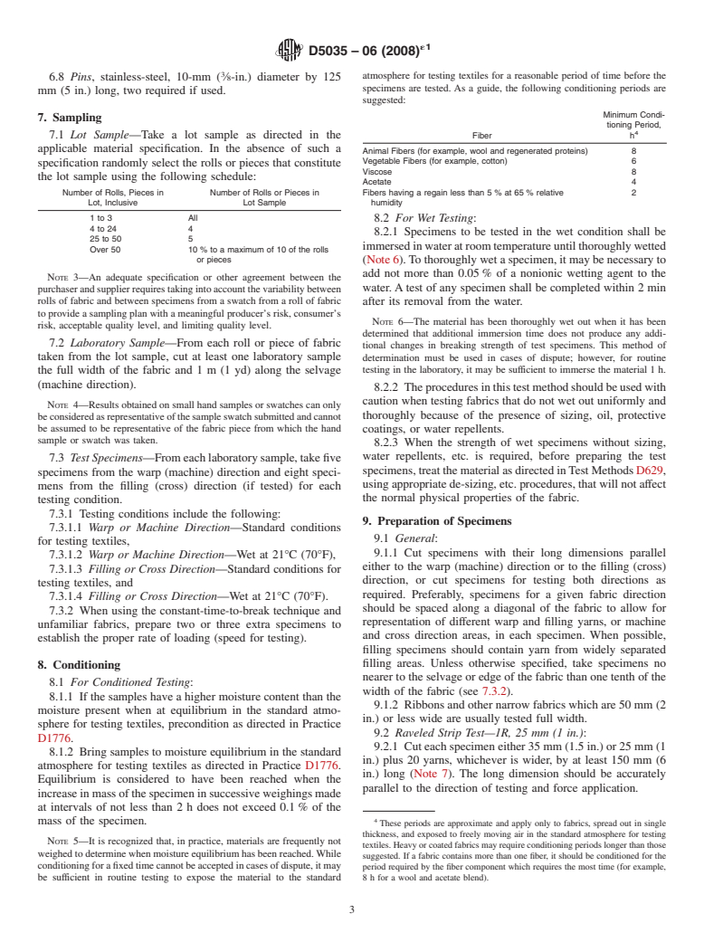 ASTM D5035-06(2008)e1 - Standard Test Method for Breaking Force and Elongation of Textile Fabrics (Strip Method)