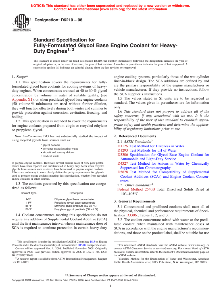 ASTM D6210-08 - Standard Specification for Fully-Formulated Glycol Base Engine Coolant for Heavy-Duty Engines