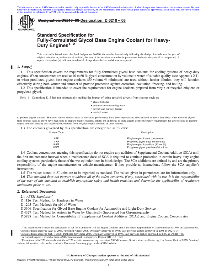 REDLINE ASTM D6210-08 - Standard Specification for Fully-Formulated Glycol Base Engine Coolant for Heavy-Duty Engines