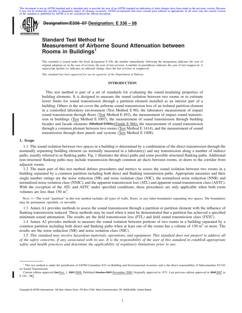 REDLINE ASTM E336-08 - Standard Test Method for Measurement of Airborne Sound Attenuation between Rooms in Buildings