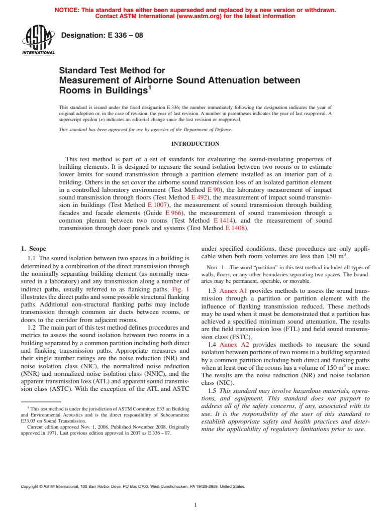 ASTM E336-08 - Standard Test Method for Measurement of Airborne Sound Attenuation between Rooms in Buildings