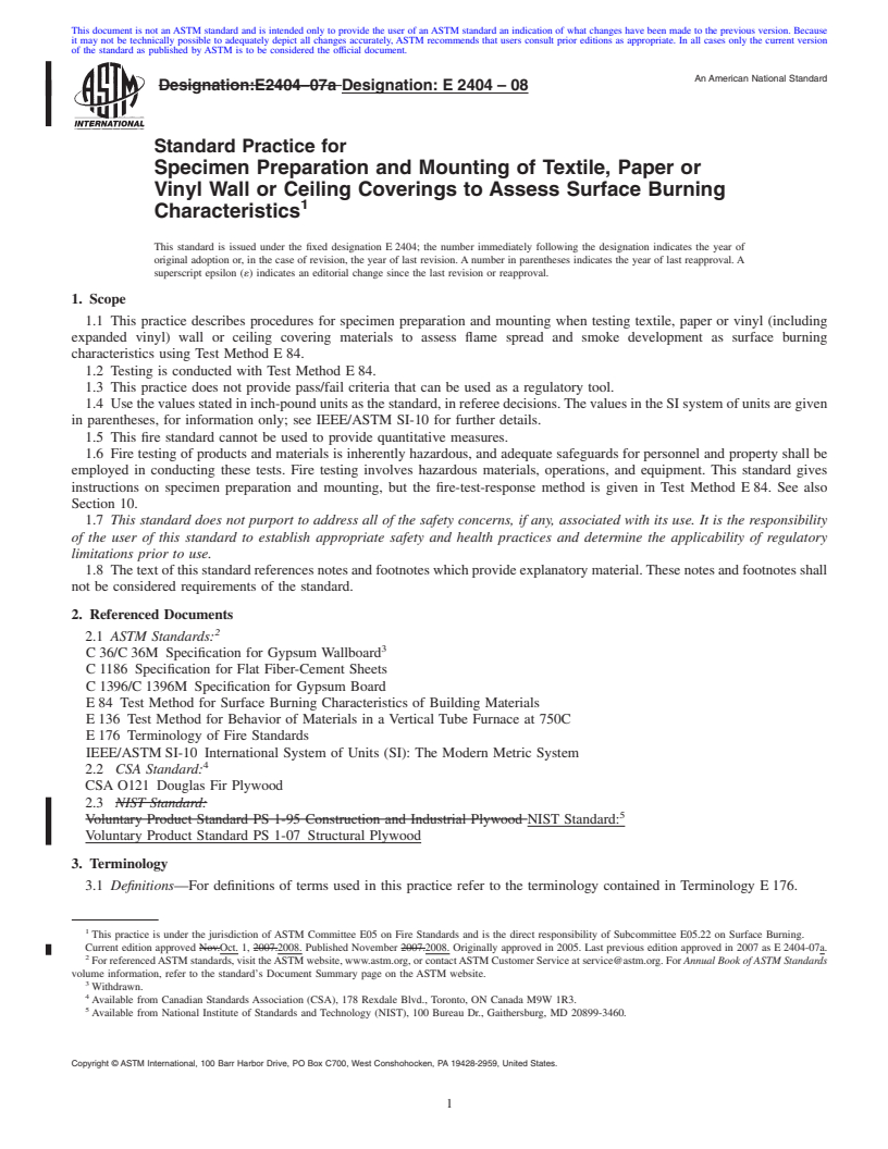 REDLINE ASTM E2404-08 - Standard Practice for Specimen Preparation and Mounting of Textile, Paper or Vinyl Wall or Ceiling Coverings to Assess Surface Burning Characteristics