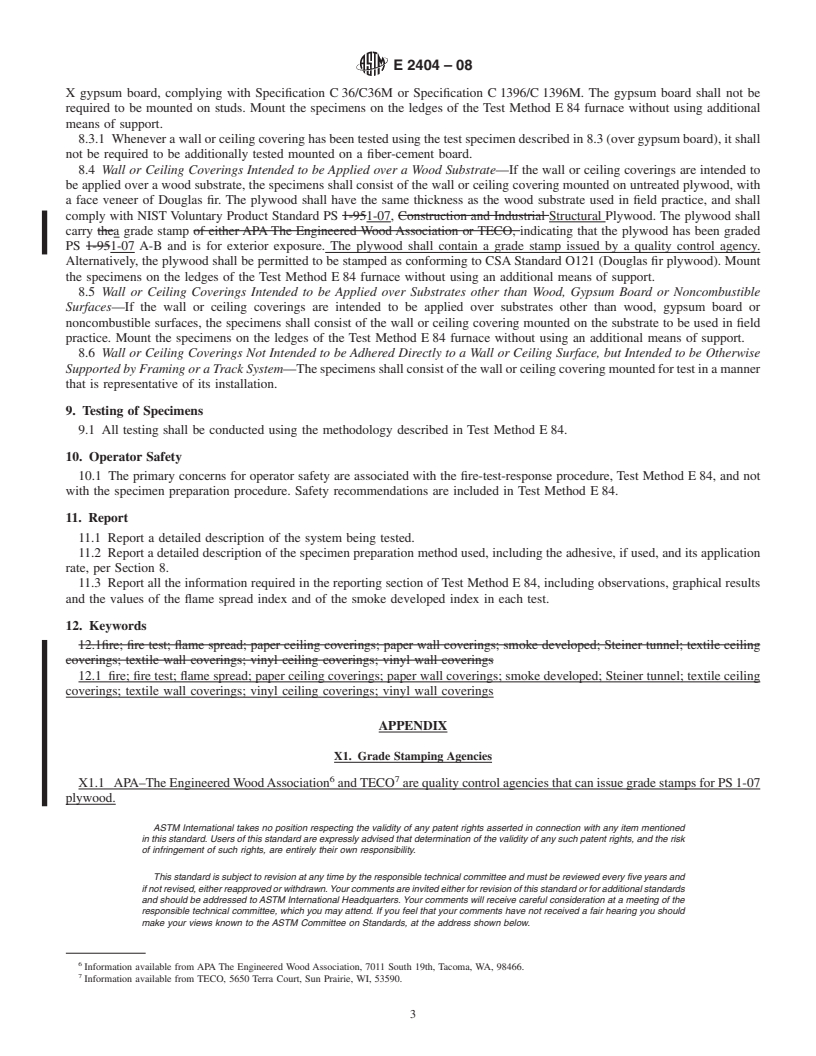 REDLINE ASTM E2404-08 - Standard Practice for Specimen Preparation and Mounting of Textile, Paper or Vinyl Wall or Ceiling Coverings to Assess Surface Burning Characteristics