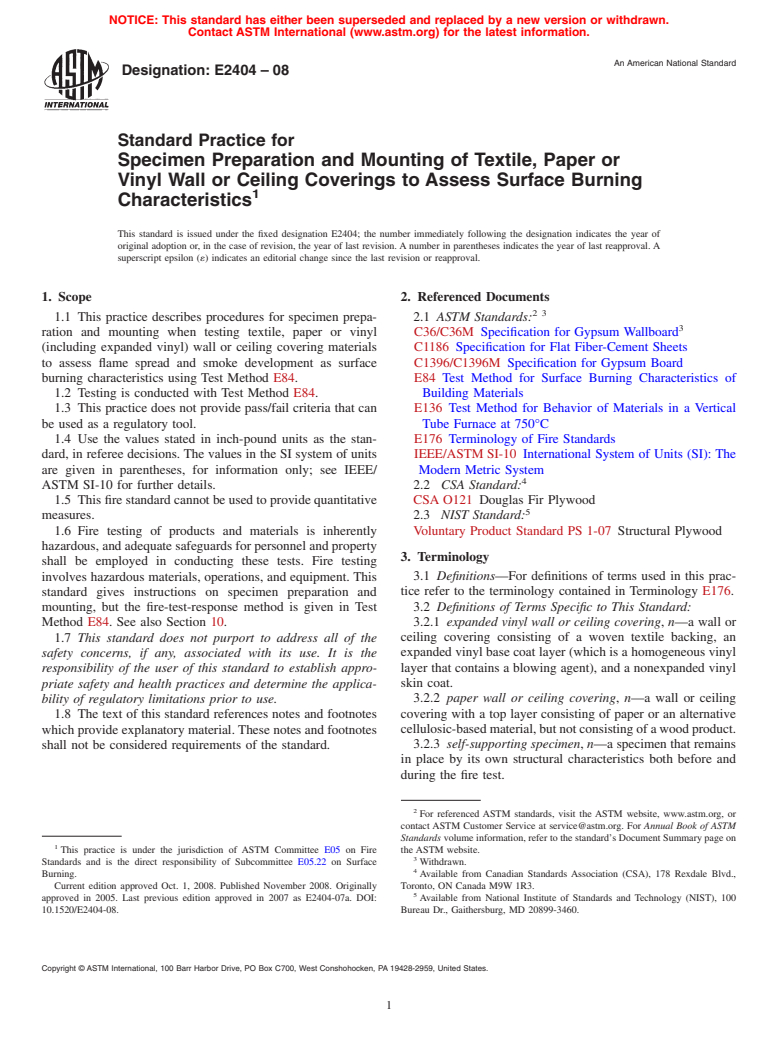 ASTM E2404-08 - Standard Practice for Specimen Preparation and Mounting of Textile, Paper or Vinyl Wall or Ceiling Coverings to Assess Surface Burning Characteristics