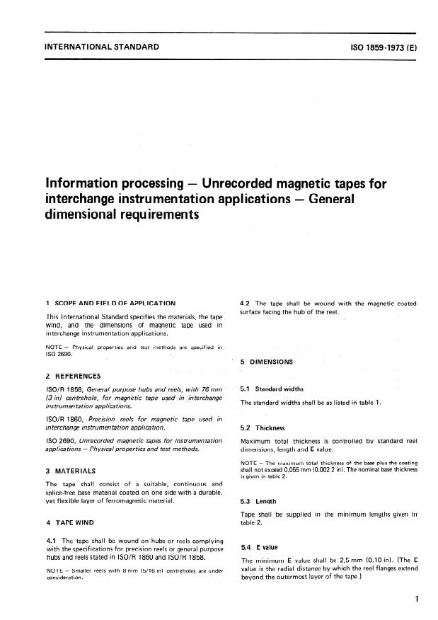 ISO 1859:1973 - Information processing -- Unrecorded magnetic tapes for interchange instrumentation applications -- General dimensional requirements