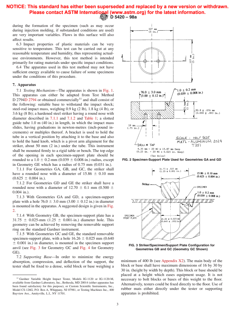 ASTM D5420-98a - Standard Test Method for Impact Resistance of Flat, Rigid Plastic Specimen by Means of a Striker Impacted by a Falling Weight (Gardner Impact)