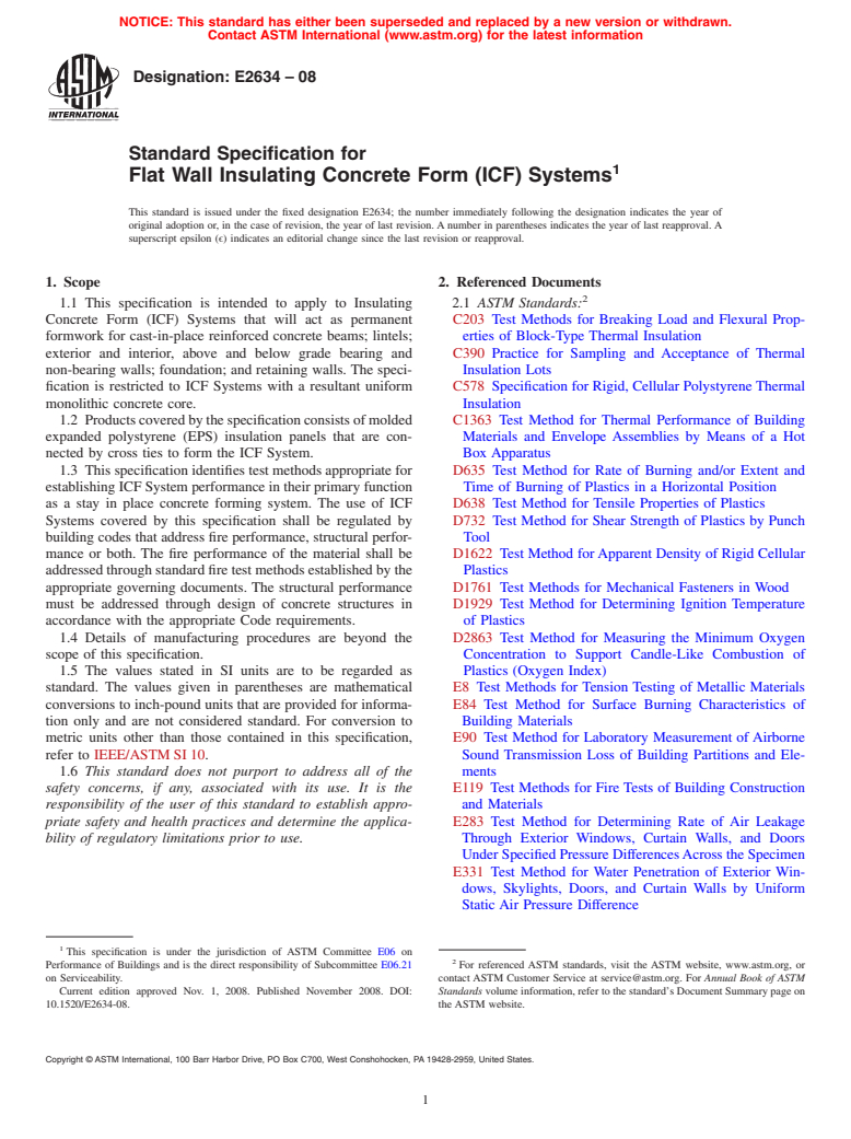 ASTM E2634-08 - Standard Specification for Flat Wall Insulating Concrete Form (ICF) Systems