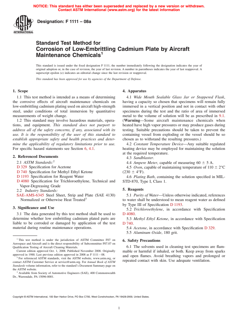 ASTM F1111-08a - Standard Test Method for Corrosion of Low-Embrittling Cadmium Plate by Aircraft Maintenance Chemicals