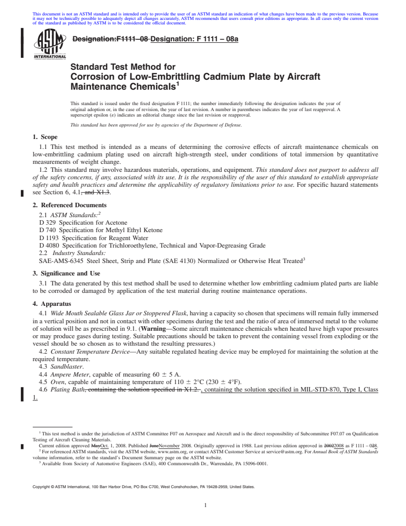 REDLINE ASTM F1111-08a - Standard Test Method for Corrosion of Low-Embrittling Cadmium Plate by Aircraft Maintenance Chemicals