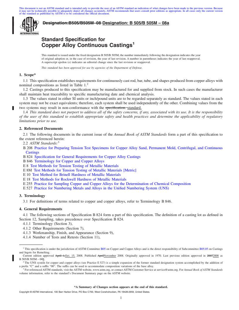 REDLINE ASTM B505/B505M-08a - Standard Specification for Copper Alloy Continuous Castings