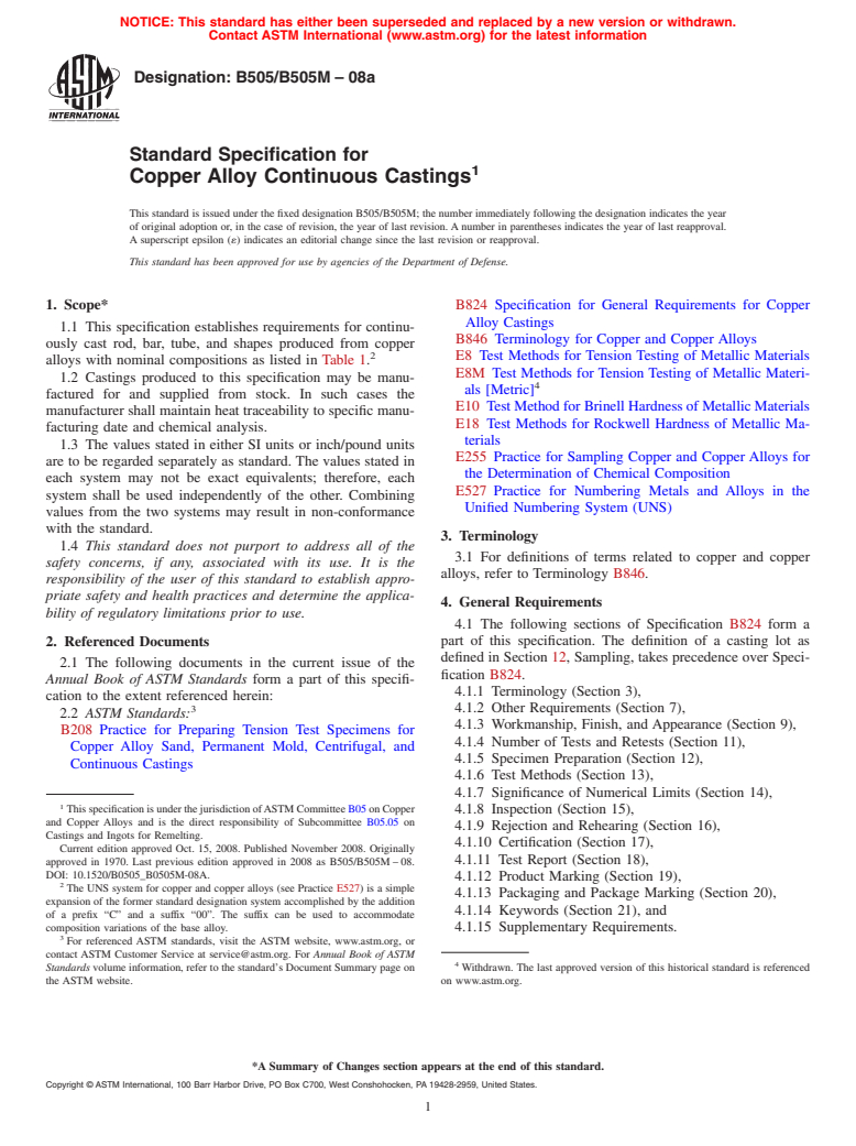 ASTM B505/B505M-08a - Standard Specification for Copper Alloy Continuous Castings