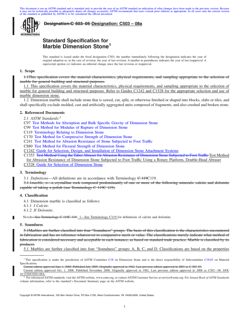 REDLINE ASTM C503-08a - Standard Specification for Marble Dimension Stone