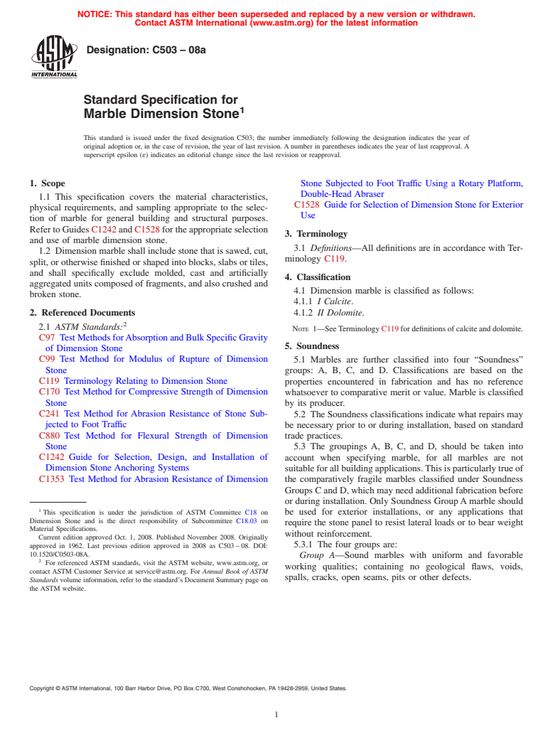 ASTM C503-08a - Standard Specification for Marble Dimension Stone