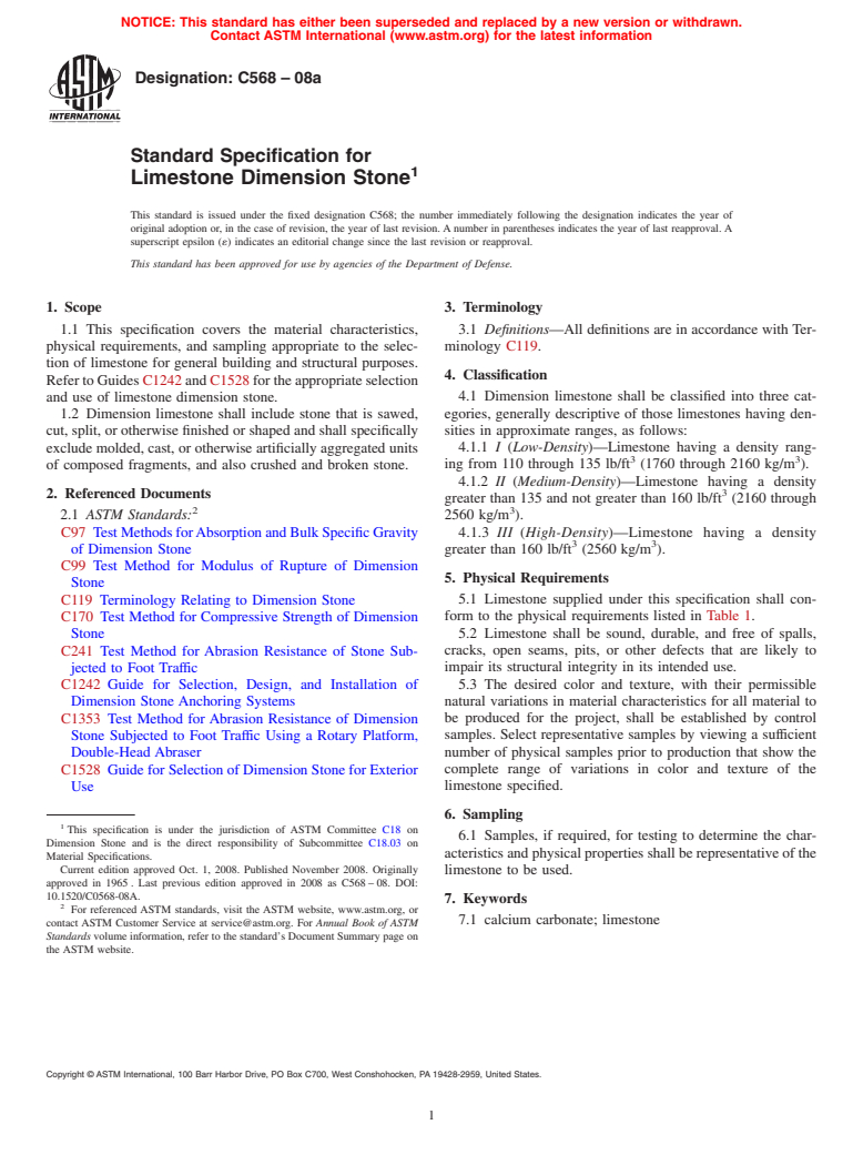 ASTM C568-08a - Standard Specification for  Limestone Dimension Stone