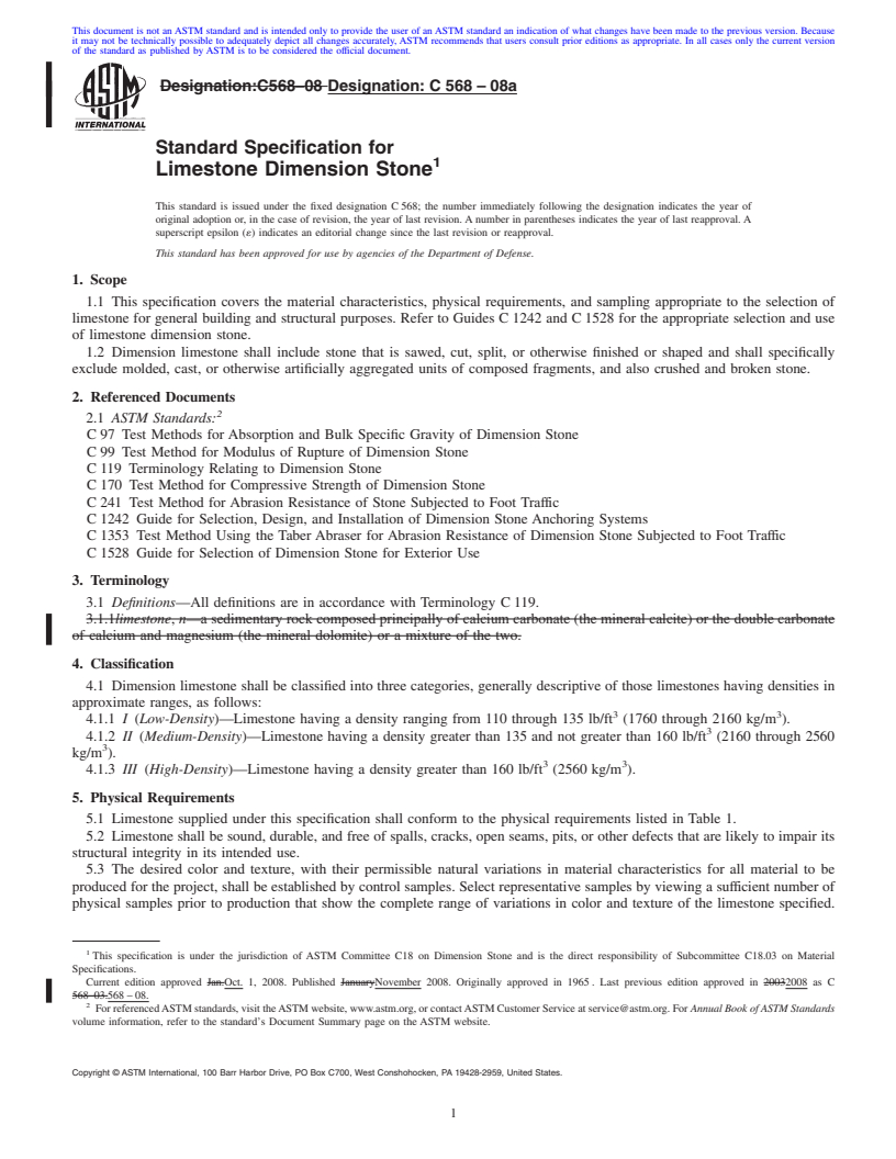 REDLINE ASTM C568-08a - Standard Specification for  Limestone Dimension Stone