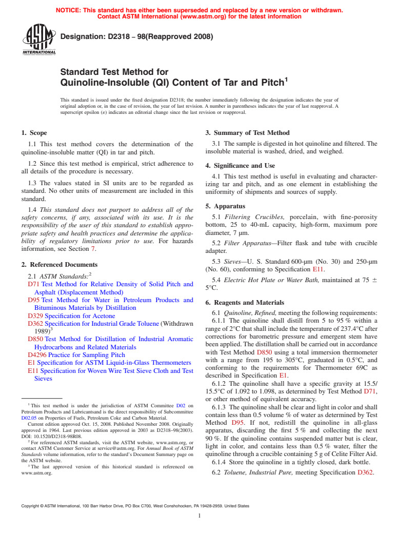 ASTM D2318-98(2008) - Standard Test Method for Quinoline-Insoluble (QI) Content of Tar and Pitch