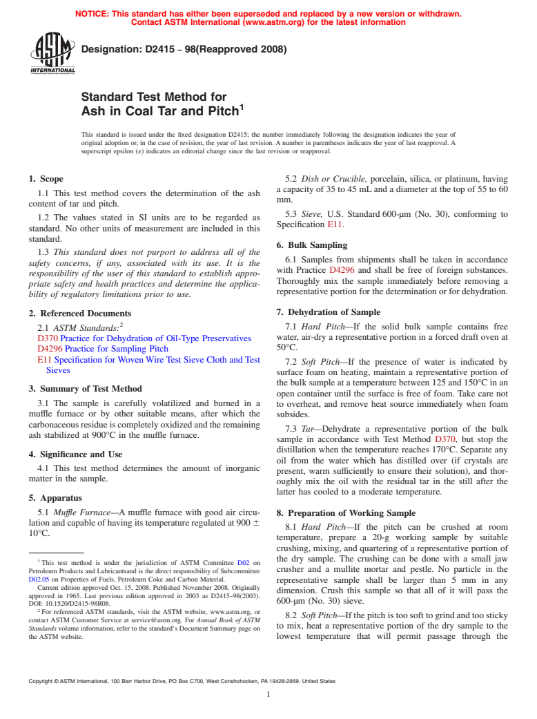 ASTM D2415-98(2008) - Standard Test Method for Ash in Coal Tar and Pitch