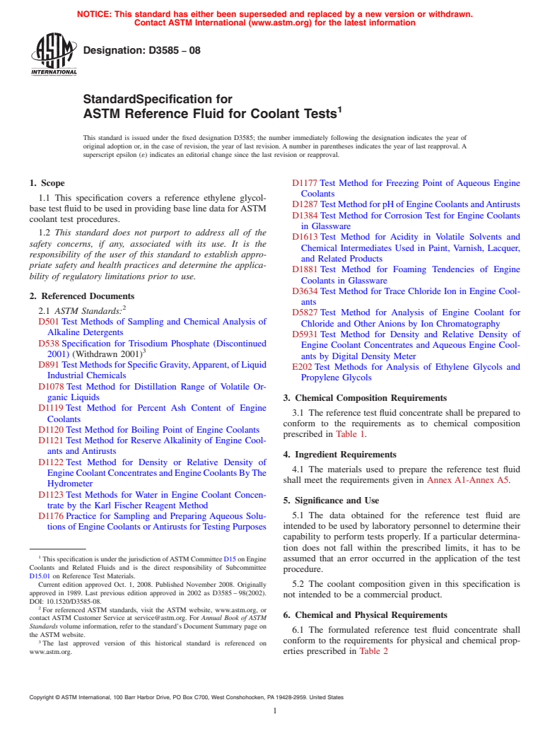 ASTM D3585-08 - Standard Specification for ASTM Reference Fluid for Coolant Tests