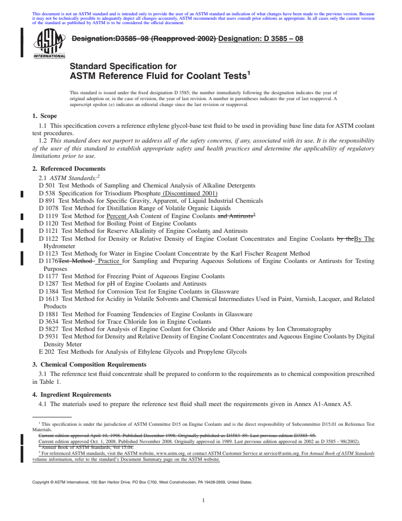 REDLINE ASTM D3585-08 - Standard Specification for ASTM Reference Fluid for Coolant Tests