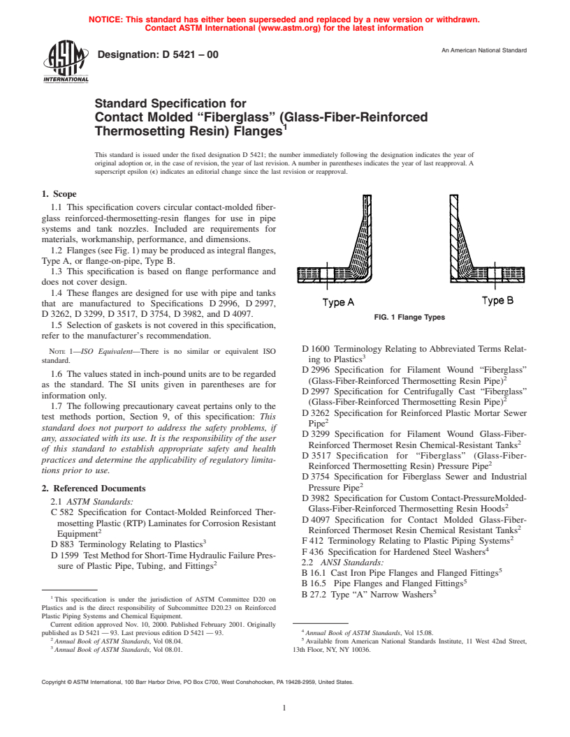 ASTM D5421-00 - Standard Specification for Contact Molded "Fiberglass" (Glass-Fiber-Reinforced Thermosetting Resin) Flanges