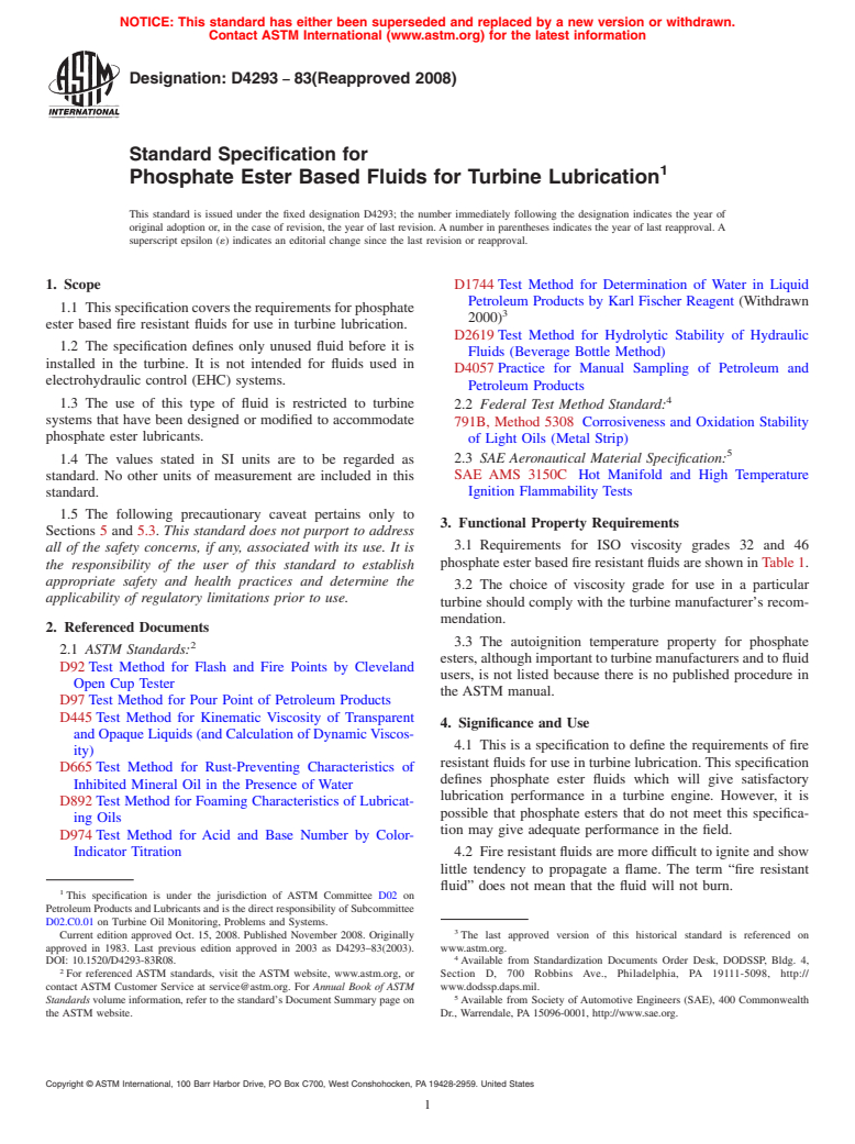 ASTM D4293-83(2008) - Standard Specification for Phosphate Ester Based Fluids for Turbine Lubrication