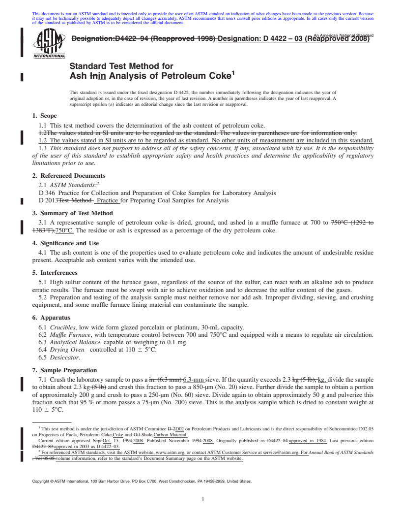 REDLINE ASTM D4422-03(2008) - Standard Test Method for Ash in Analysis of Petroleum Coke