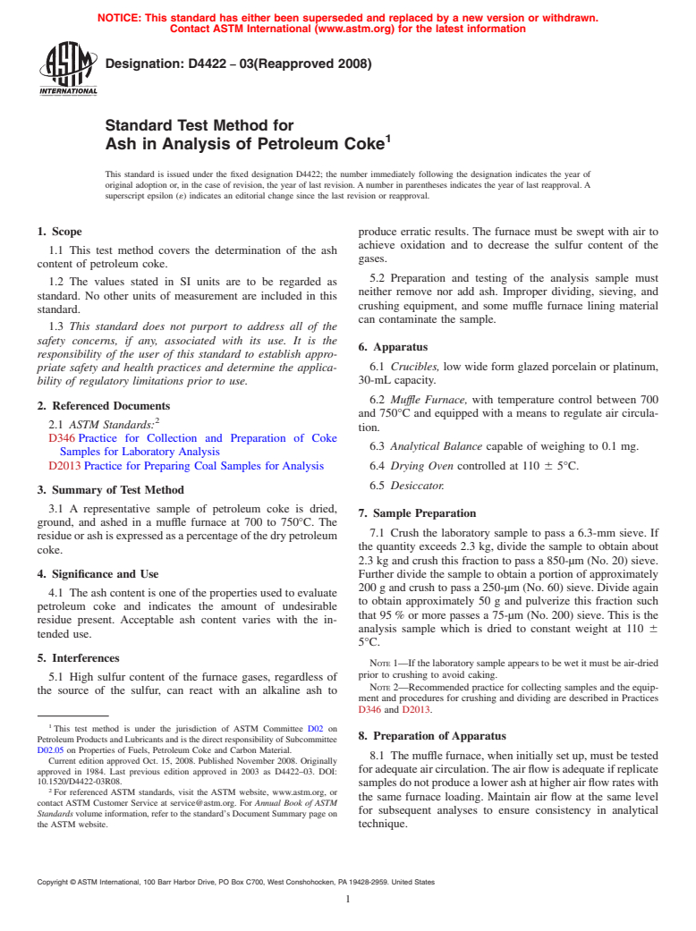 ASTM D4422-03(2008) - Standard Test Method for Ash in Analysis of Petroleum Coke