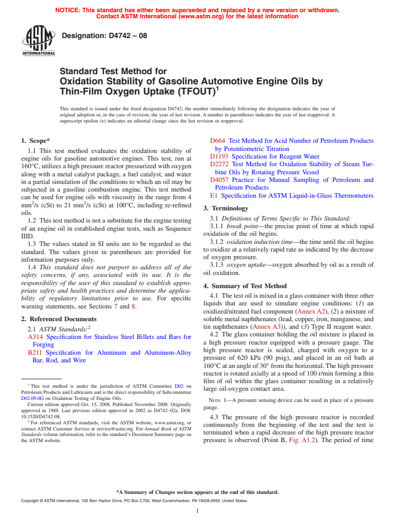 ASTM D4742-08 - Standard Test Method for Oxidation Stability of Gasoline Automotive Engine Oils by Thin-Film Oxygen Uptake (TFOUT)