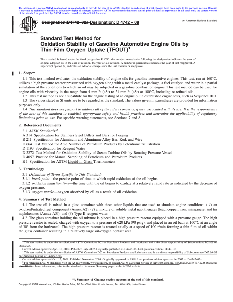 REDLINE ASTM D4742-08 - Standard Test Method for Oxidation Stability of Gasoline Automotive Engine Oils by Thin-Film Oxygen Uptake (TFOUT)