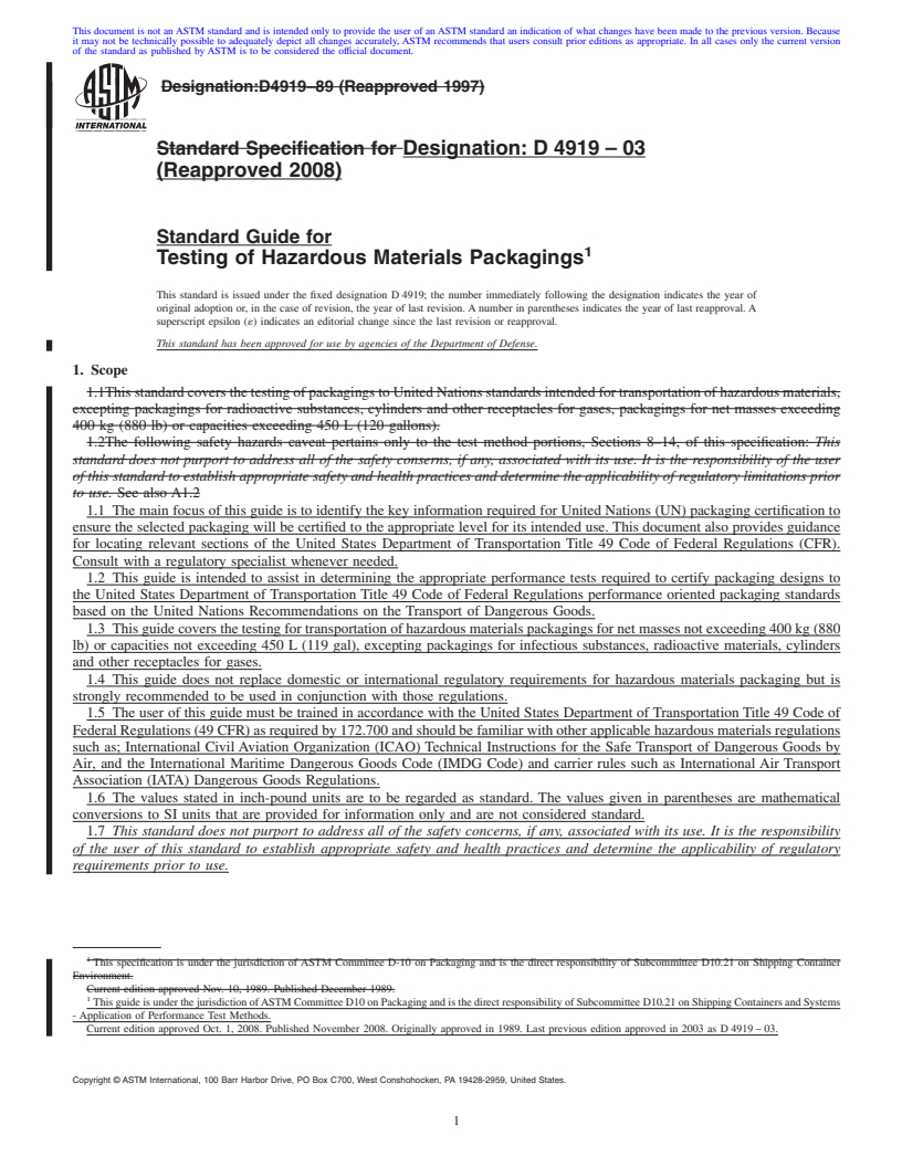 REDLINE ASTM D4919-03(2008) - Standard Specification for Testing of Hazardous Materials Packagings (Withdrawn 2017)