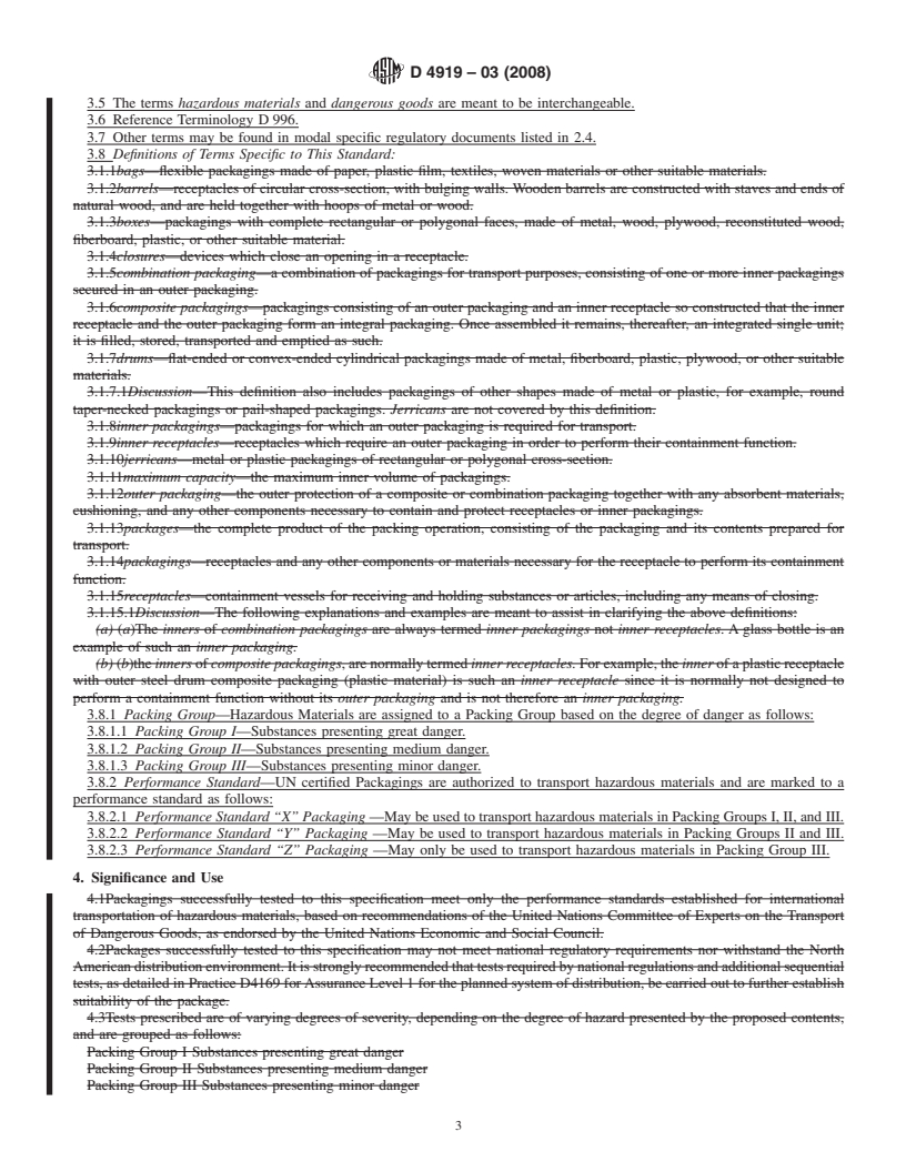 REDLINE ASTM D4919-03(2008) - Standard Specification for Testing of Hazardous Materials Packagings (Withdrawn 2017)