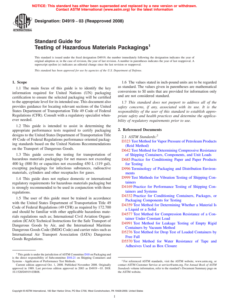 ASTM D4919-03(2008) - Standard Specification for Testing of Hazardous Materials Packagings (Withdrawn 2017)