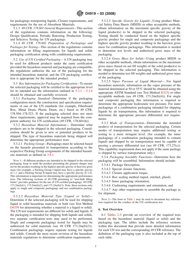 ASTM D4919-03(2008) - Standard Specification for Testing of Hazardous Materials Packagings (Withdrawn 2017)