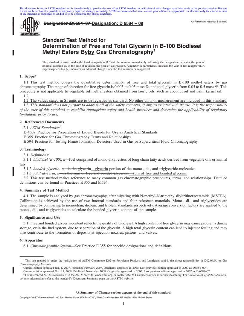 REDLINE ASTM D6584-08 - Standard Test Method for Determination of Free and Total Glycerin in B-100 Biodiesel Methyl Esters By Gas Chromatography