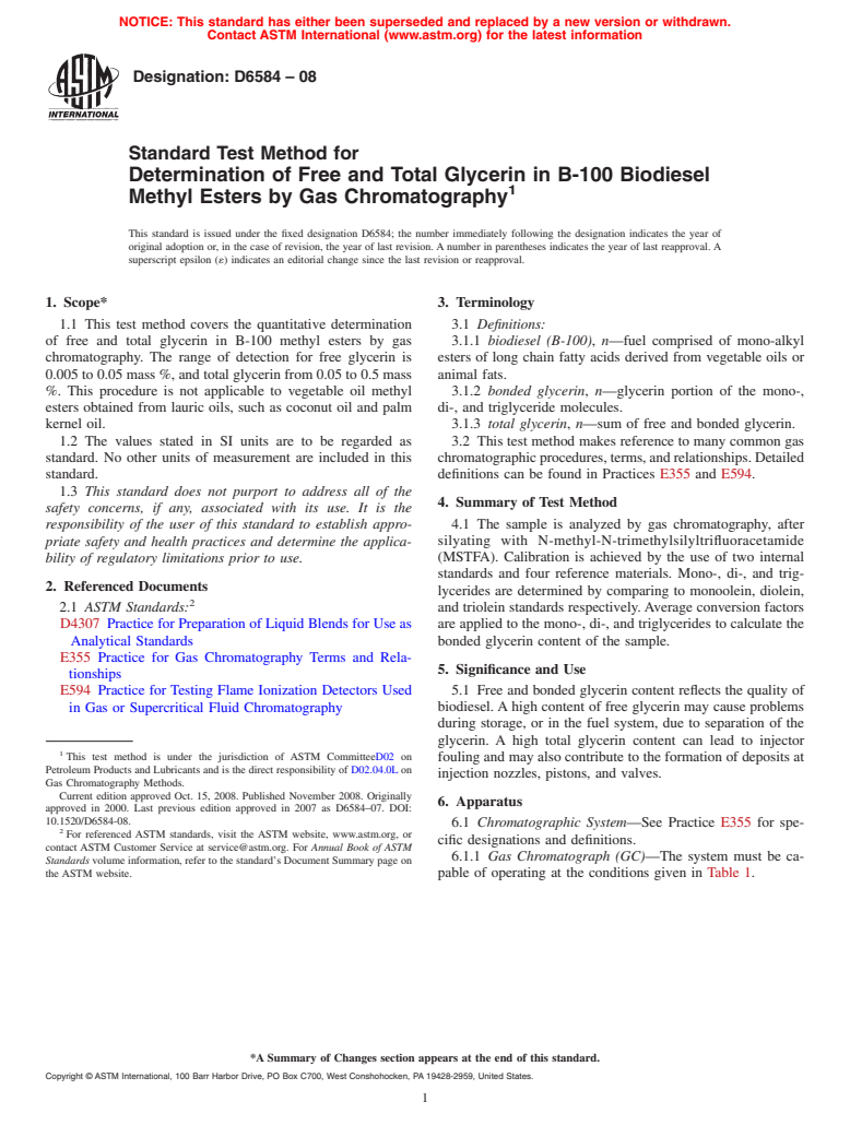 ASTM D6584-08 - Standard Test Method for Determination of Free and Total Glycerin in B-100 Biodiesel Methyl Esters By Gas Chromatography