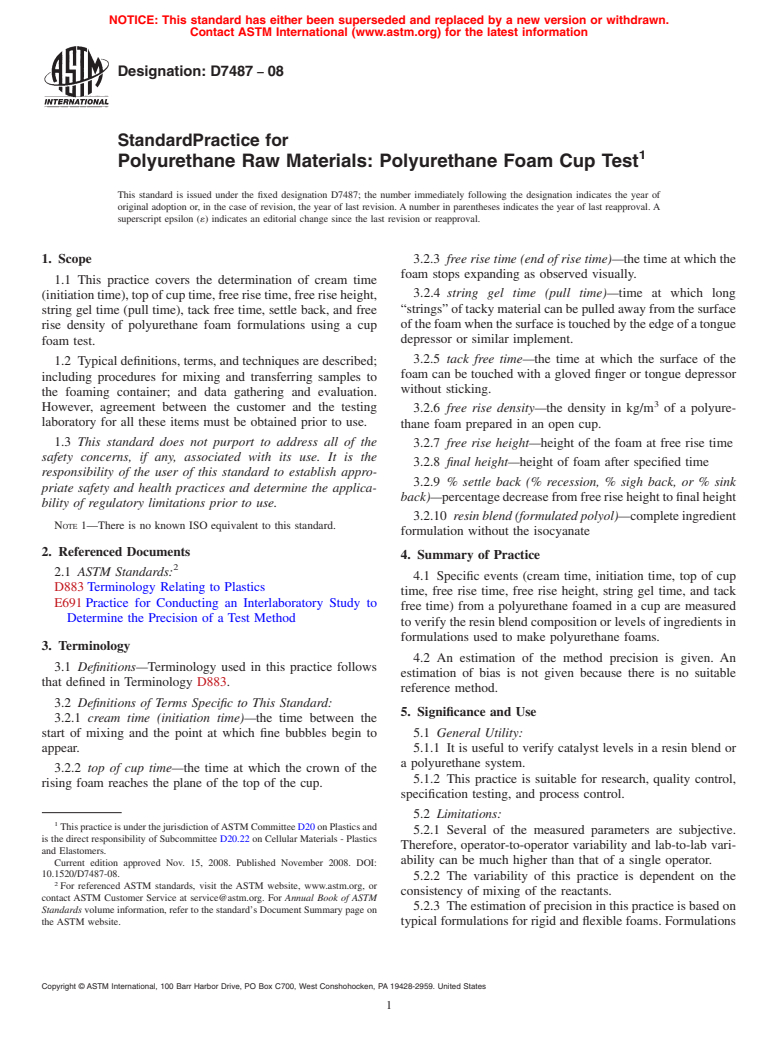 ASTM D7487-08 - Standard Practice for Polyurethane Raw Materials: Polyurethane Foam Cup Test