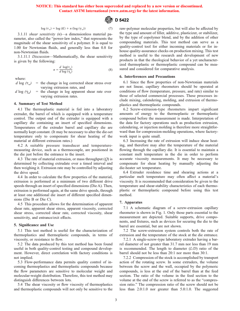 ASTM D5422-00 - Standard Test Method for Measurement of Properties of Thermoplastic Materials by Screw-Extrusion Capillary Rheometer