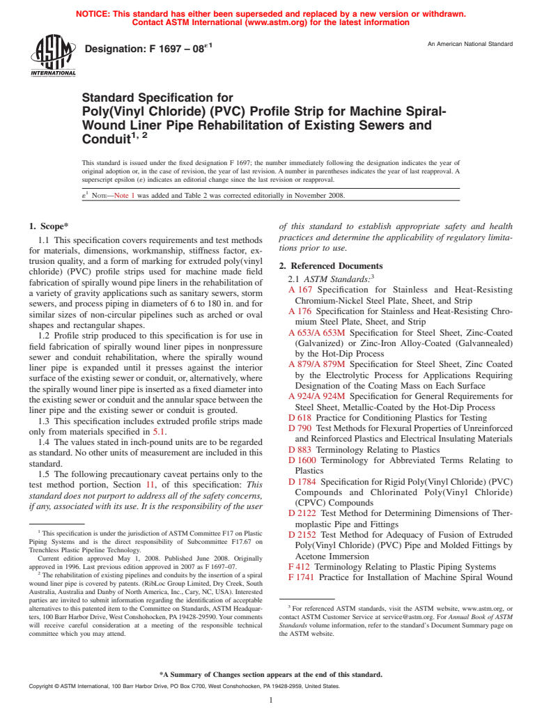 ASTM F1697-08e1 - Standard Specification for  Poly(Vinyl Chloride) (PVC) Profile Strip for Machine Spiral-Wound Liner Pipe Rehabilitation of Existing Sewers and Conduit  <a href="#fn00002"></a>