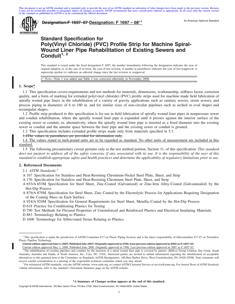 REDLINE ASTM F1697-08e1 - Standard Specification for  Poly(Vinyl Chloride) (PVC) Profile Strip for Machine Spiral-Wound Liner Pipe Rehabilitation of Existing Sewers and Conduit  <a href="#fn00002"></a>