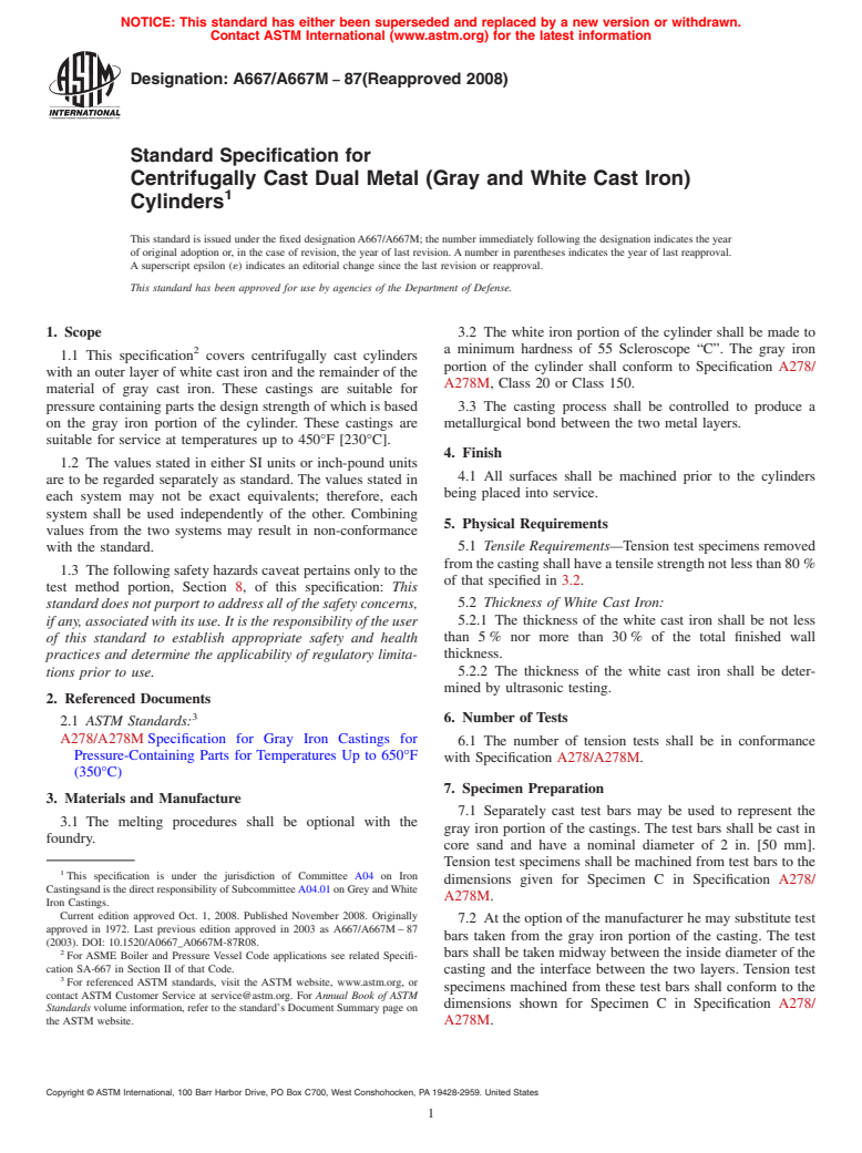 ASTM A667/A667M-87(2008) - Standard Specification for Centrifugally Cast Dual Metal (Gray and White Cast Iron) Cylinders