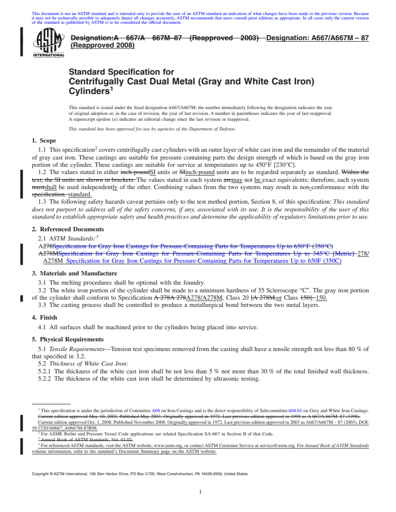 REDLINE ASTM A667/A667M-87(2008) - Standard Specification for Centrifugally Cast Dual Metal (Gray and White Cast Iron) Cylinders