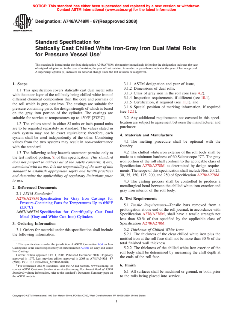 ASTM A748/A748M-87(2008) - Standard Specification for Statically Cast Chilled White Iron-Gray Iron Dual Metal Rolls for Pressure Vessel Use