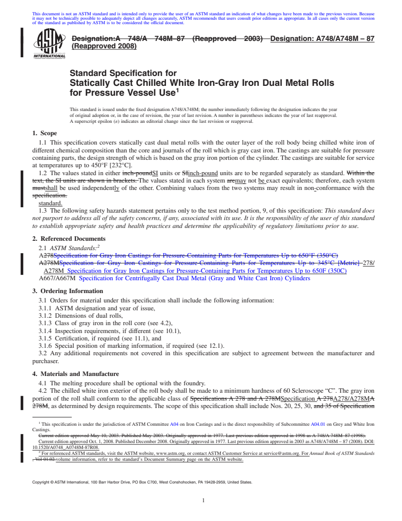 REDLINE ASTM A748/A748M-87(2008) - Standard Specification for Statically Cast Chilled White Iron-Gray Iron Dual Metal Rolls for Pressure Vessel Use