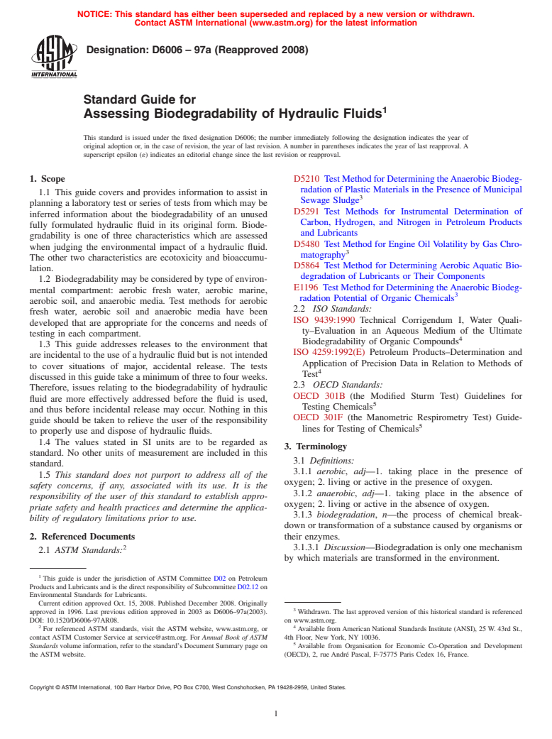 ASTM D6006-97a(2008) - Standard Guide for Assessing Biodegradability of Hydraulic Fluids