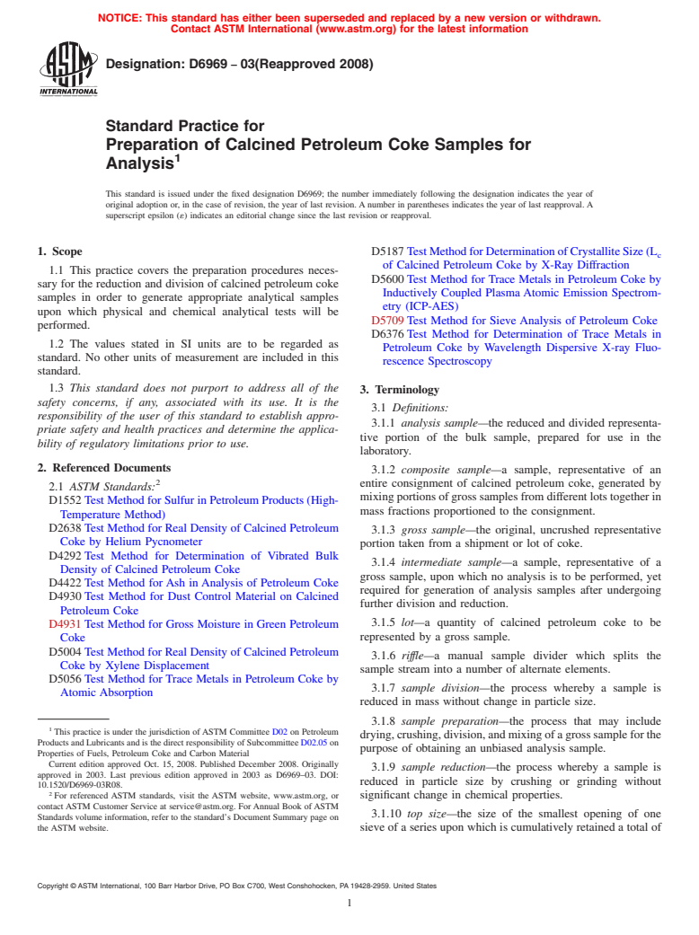 ASTM D6969-03(2008) - Standard Practice for Preparation of Calcined Petroleum Coke Samples for Analysis