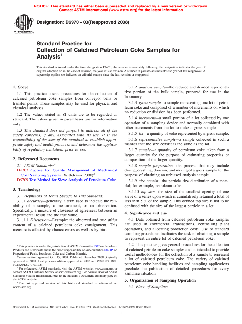 ASTM D6970-03(2008) - Standard Practice for Collection of Calcined Petroleum Coke Samples for Analysis