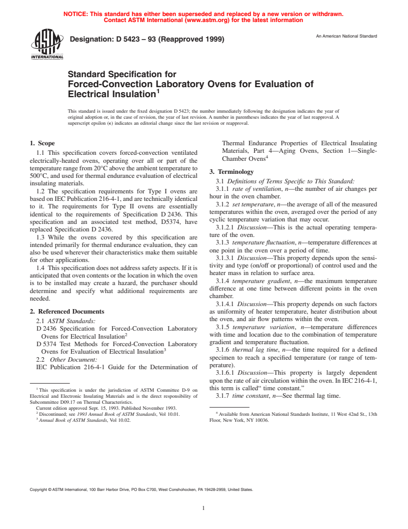 ASTM D5423-93(1999) - Standard Specification for Forced-Convection Laboratory Ovens for Evaluation of Electrical Insulation